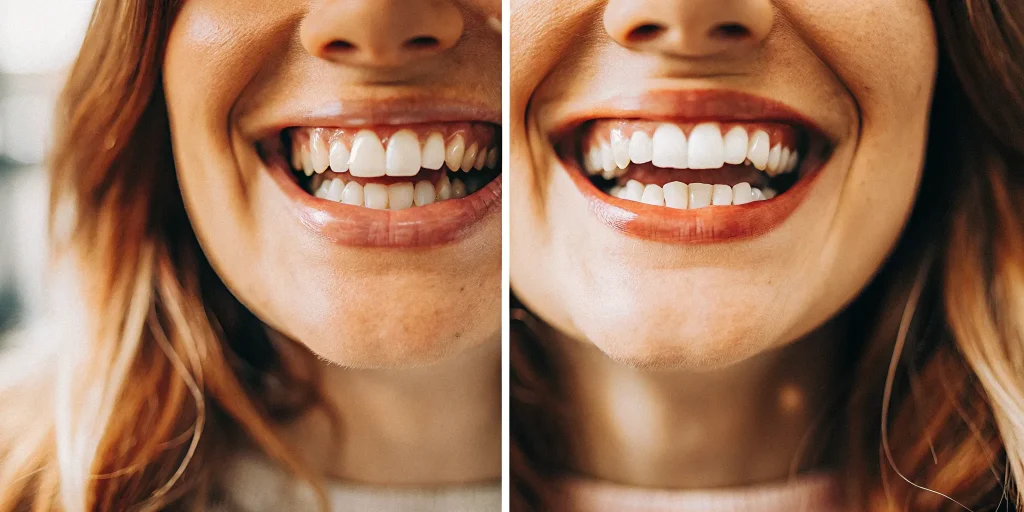 Invisalign 6-month progress: Before and after comparison of straighter teeth.