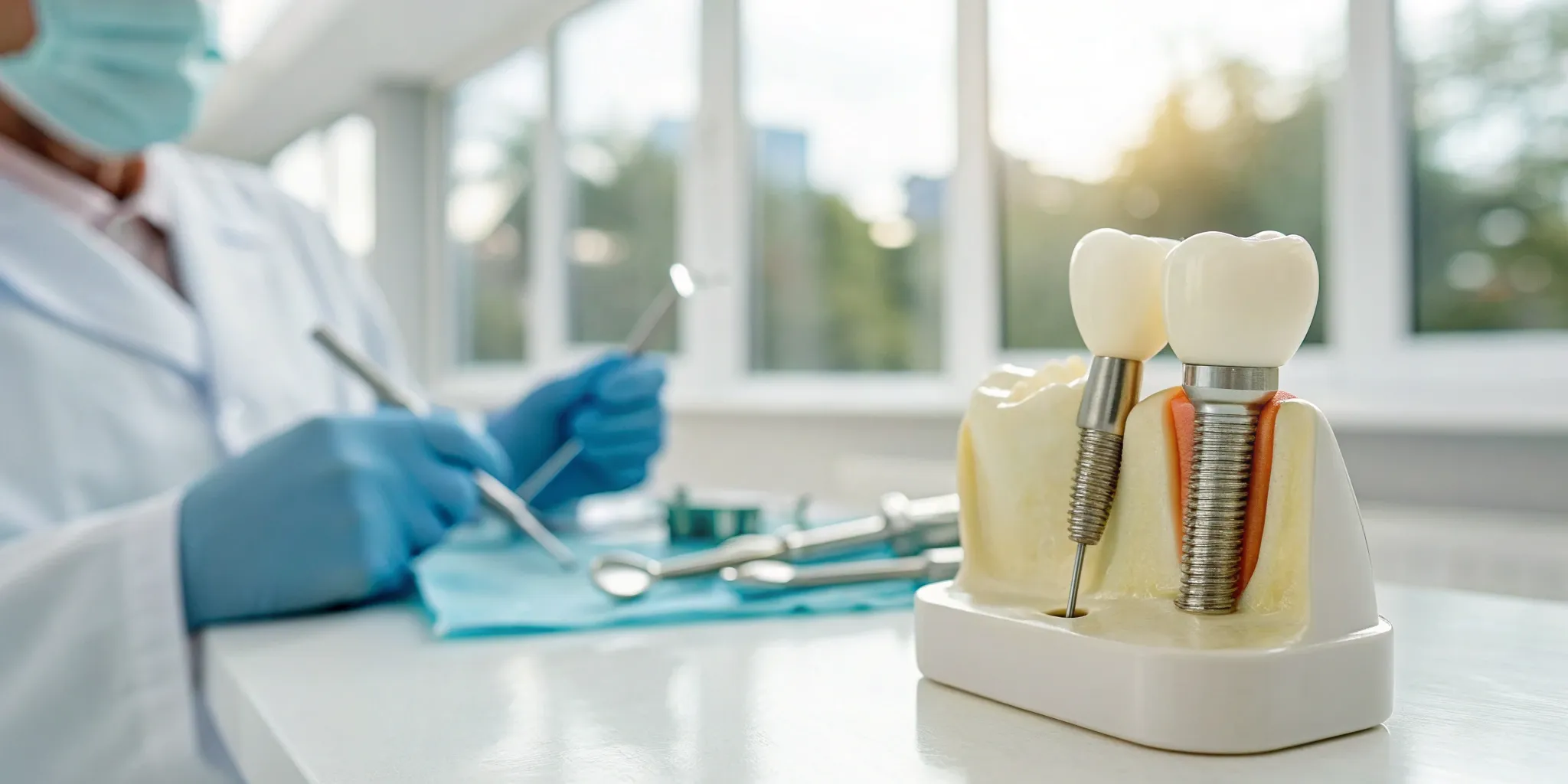 Dental implant model and dentist tools.