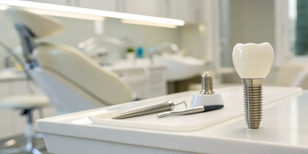 Single tooth implant procedure tools on a tray.
