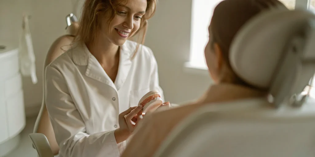 Baton Rouge dentist explains dental implant procedure to patient.