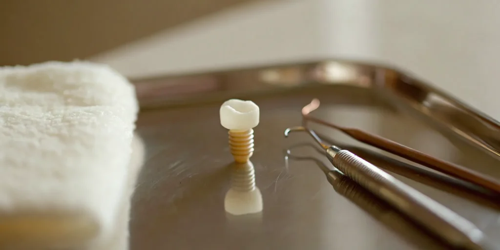 Single tooth implant on a tray with tools.