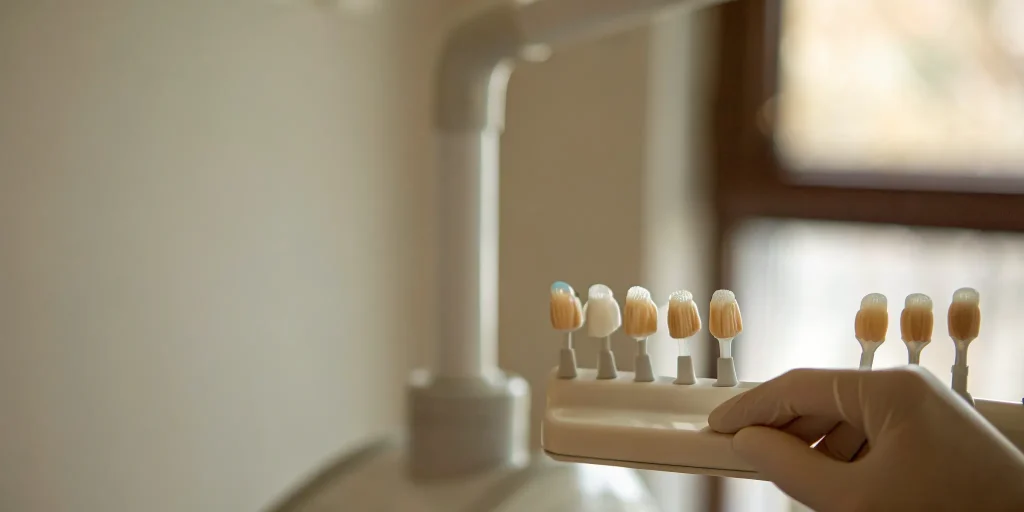 A gloved hand holding a shade guide to select the right color for porcelain veneers.