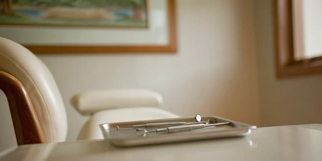 A modern dental clinic chair and tools for a same day dental implants procedure.