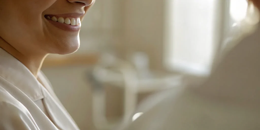 A woman's confident smile showing the final results of all on 4 dental implants.