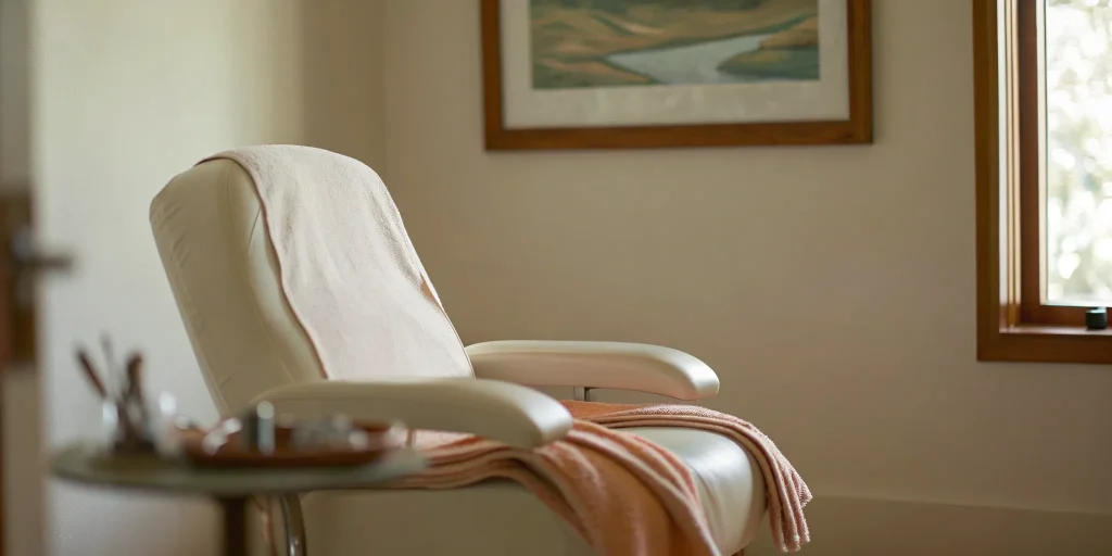 Comfortable dental chair in a calm room, prepared for a patient undergoing dentist IV sedation.