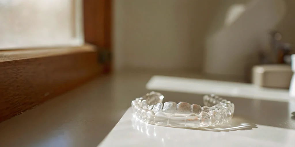 A pair of clear aligner invisible braces for adults.