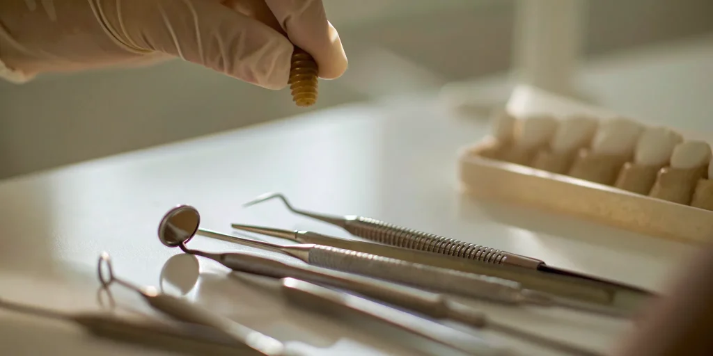 A dental implant and the surgical tools used for the placement process.