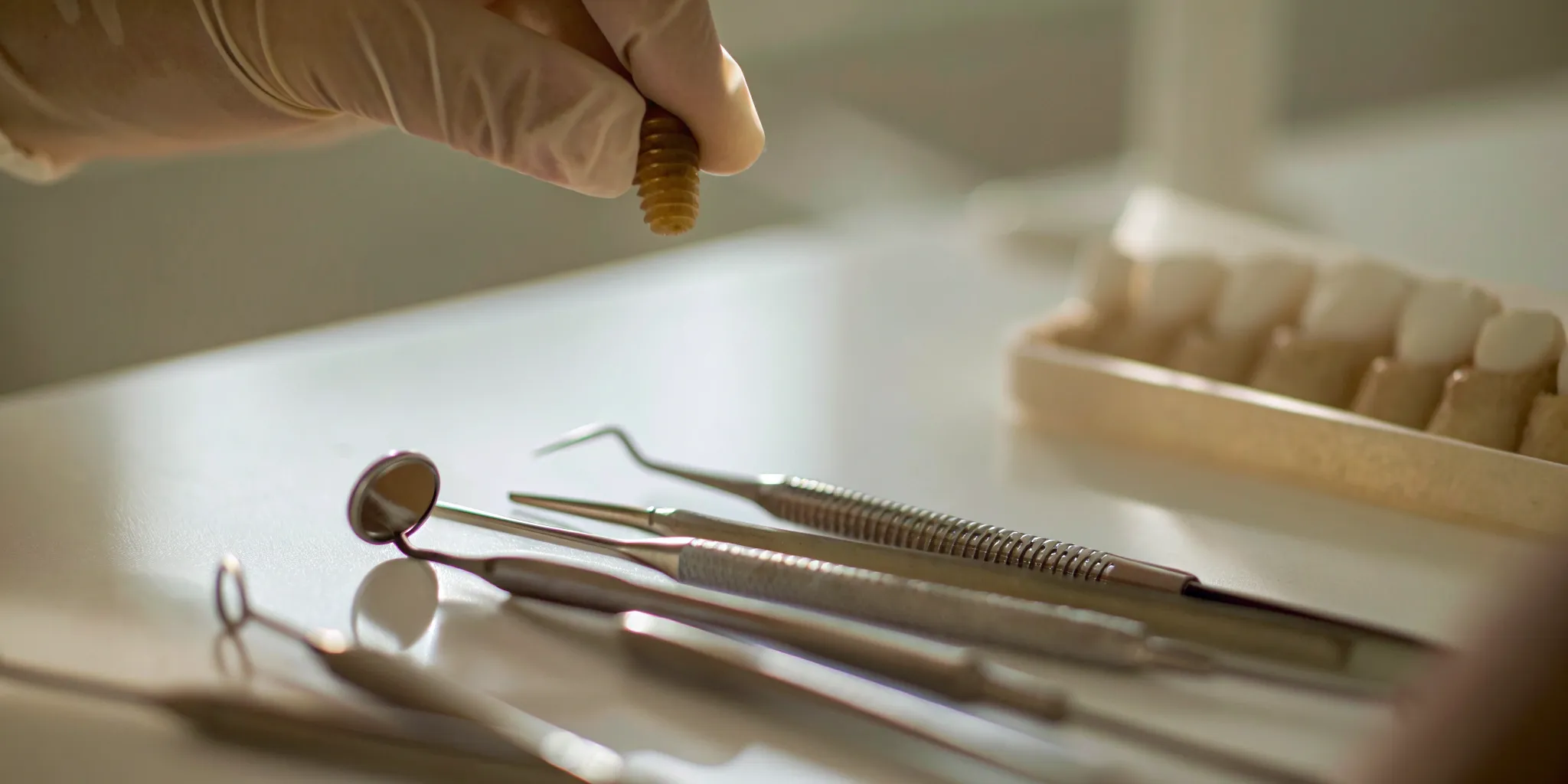 A dental implant and the surgical tools used for the placement process.