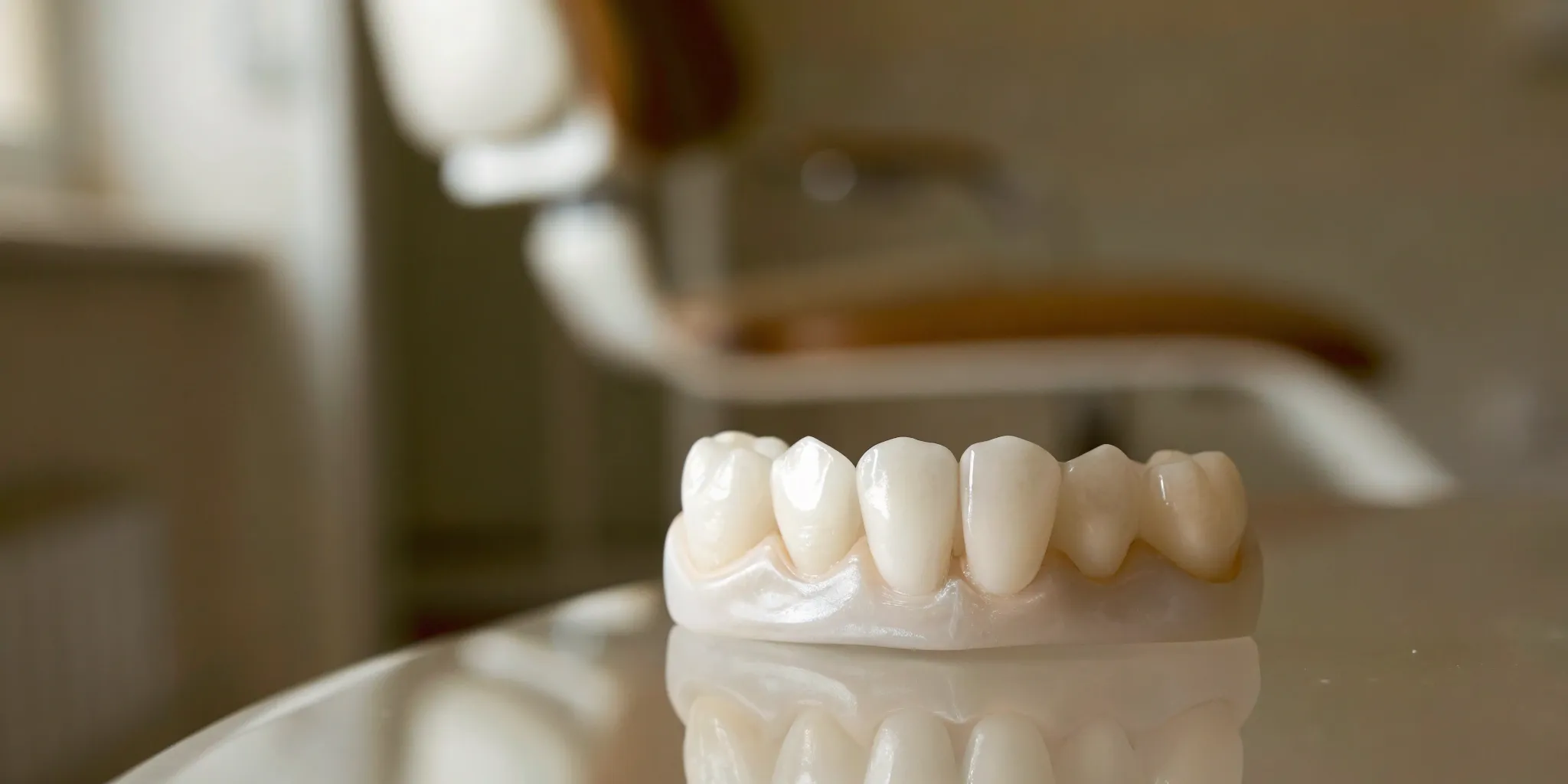 A zirconia bridge on a dental tray, a key component in the final price of the procedure.