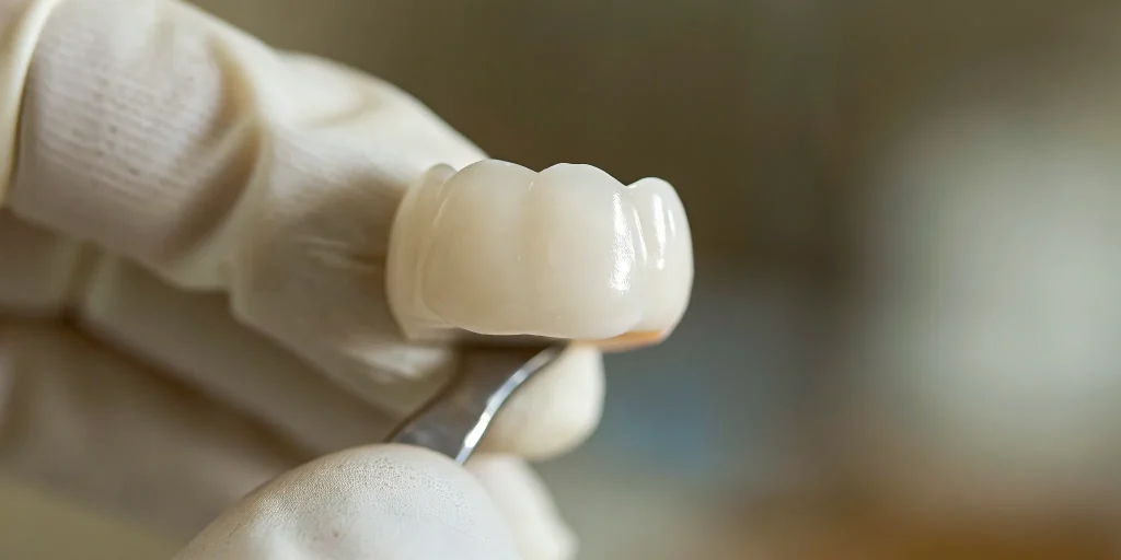 A strong, natural-looking zirconia dental crown material held in a gloved hand.