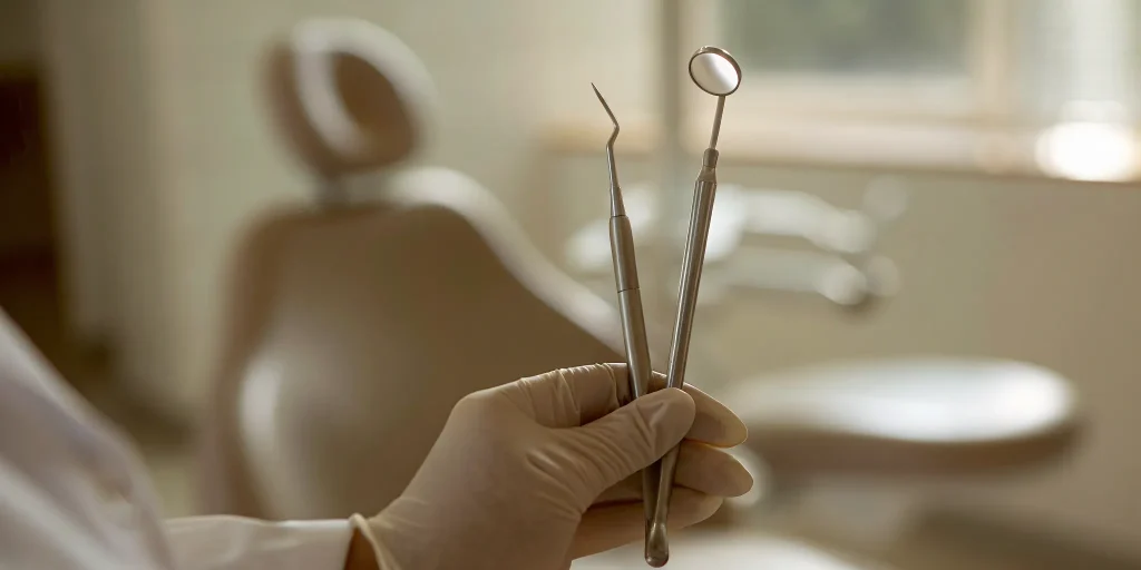 Dentist holding dental tools for an affordable full mouth reconstruction.