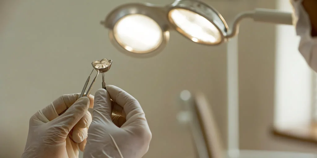 Dentist holding a dental crown to explain the factors affecting its cost.