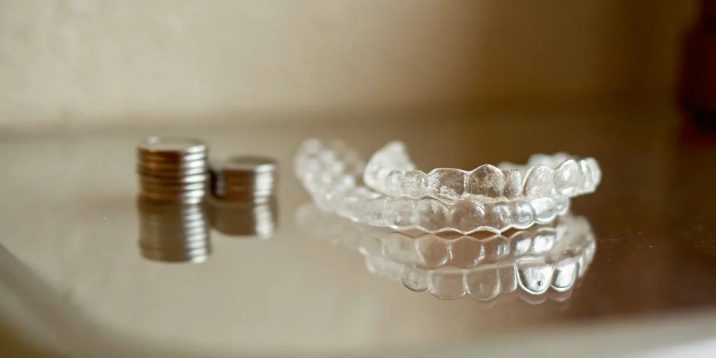 A pair of clear aligners next to stacked coins showing the cost of treatment in Metairie.